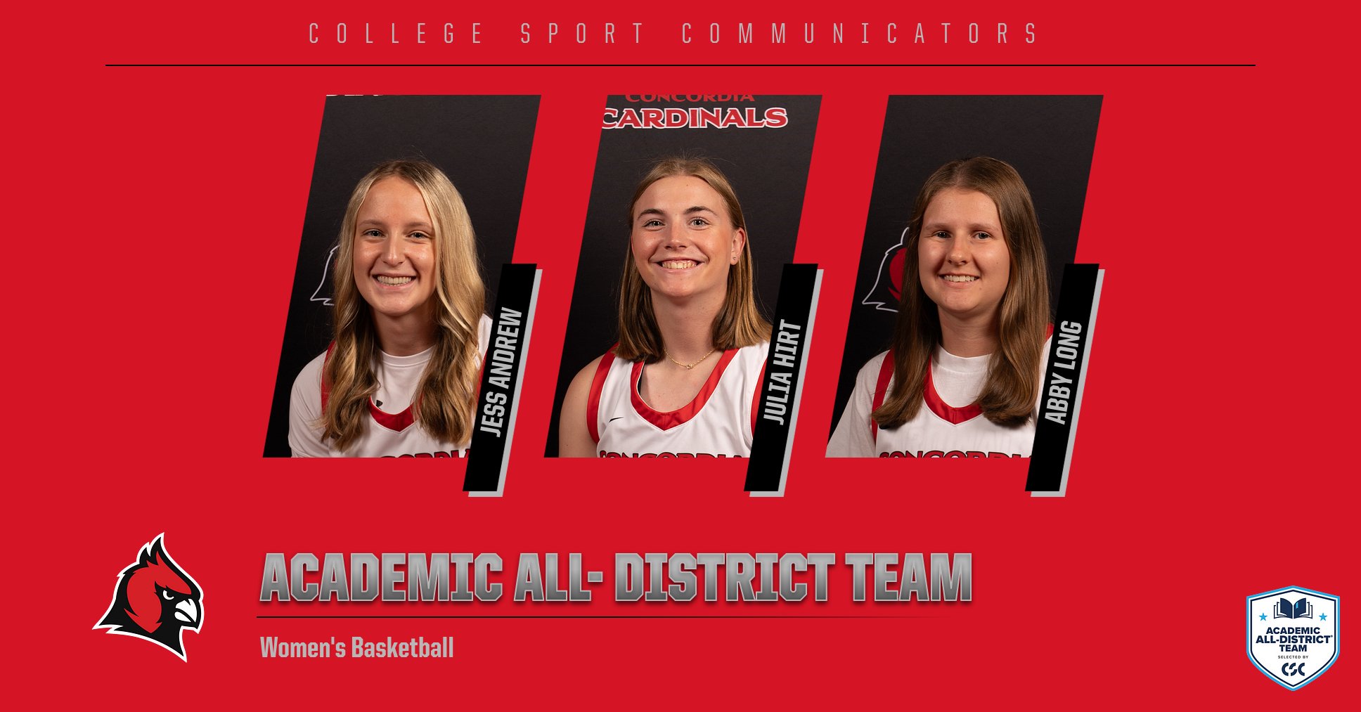 Andrew, Hirt, and Long all named to Women's Basketball's CSC Academic All-District Team